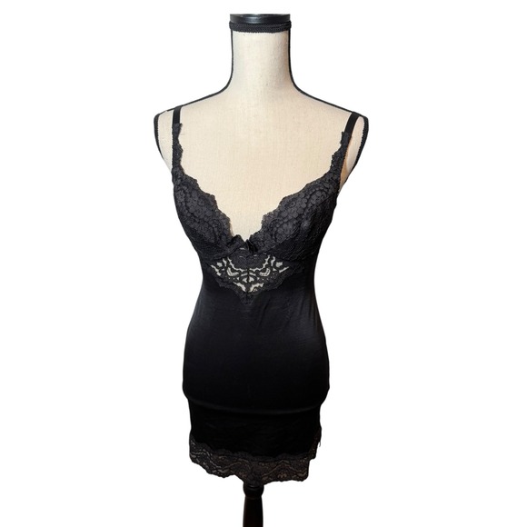 Victoria's Secret 34C Black Lace Trim Slip Dress Lingerie Chemise Small 90s - Picture 1 of 5
